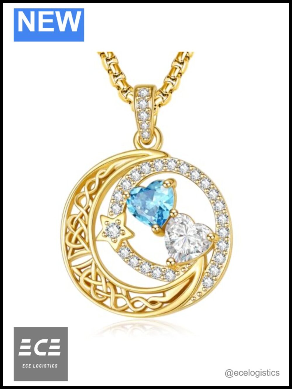 14k Gold Plated Moon Star Necklace Double Birthstone Pendant